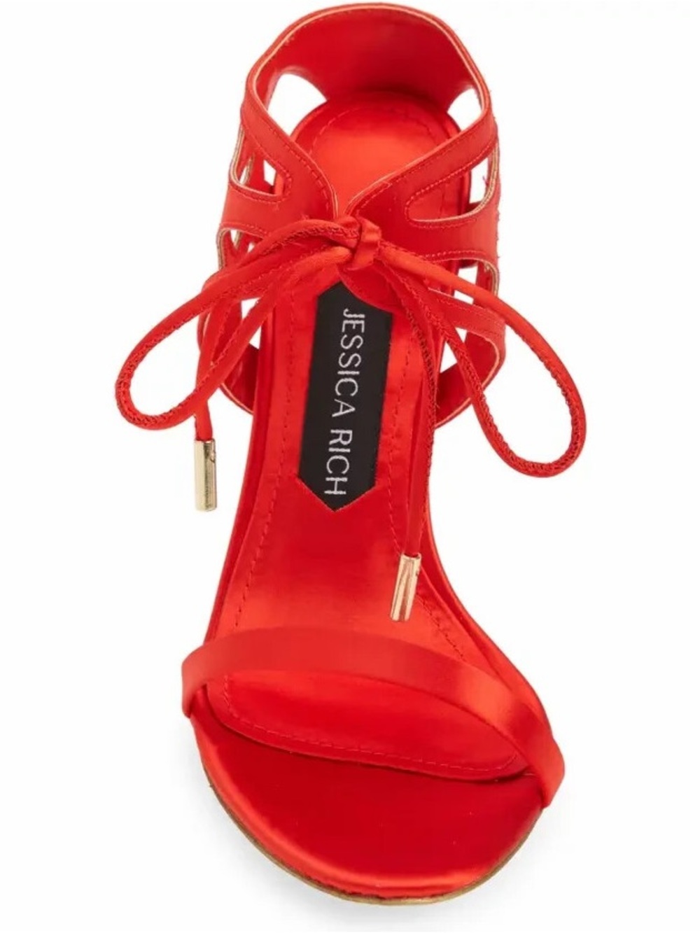 Jessica Rich Red so Expensive Satin Lace-Up High Heel Sandal with Gold Aglets 38